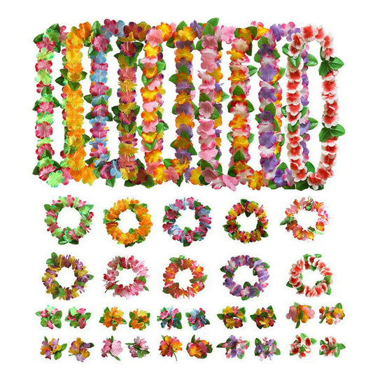 JEKANEL 40 Packs Hawaiian flower LeisTropical Luau Party Supplies of Hula Garland Necklaces Bracelets Headband Jumbo Simulated Silk Flowers for Hawaii Decorations Birthday Party Favors Beach Theme Party Decorations